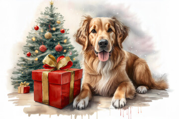 Cute Golden Retriever Christmas Presents and Tree