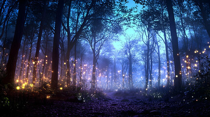 Obraz premium Enchanted Forest Scene with Tall Tree Silhouettes Under a Twilight Sky Illuminated by Glowing Lights Along a Winding Path Creating a Mystical and