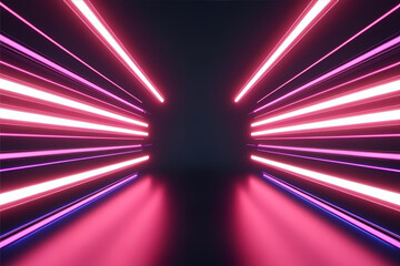 Abstract Neon Corridor: A mesmerizing display of vibrant neon lights guides the eye, creating an immersive visual experience within a sleek, futuristic corridor.