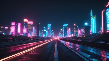 Night city of the future. Against a dark background, a city skyline with brilliant and pulsating neon lights. Front view of a broad highway in the exceptional quality of cyberpunk and retro wave st...