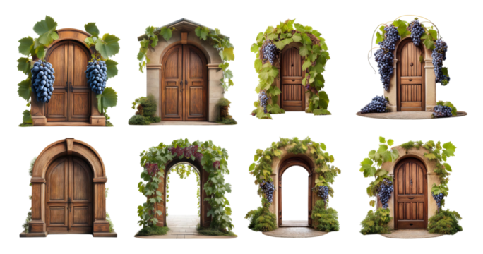 Beautiful Wooden Doors Surrounded by Lush Greenery and Grapes, PNG bundle collection, Isolated on Transparent Background
