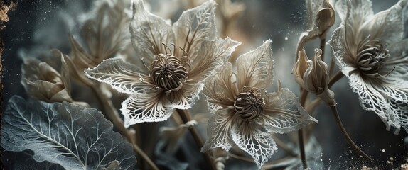 Nature pattern of dry petals and transparent leaves with a natural texture serving as a background or wallpaper for screens. Macro texture, flower petal skeleton. Monochrome color aesthetic beauty.