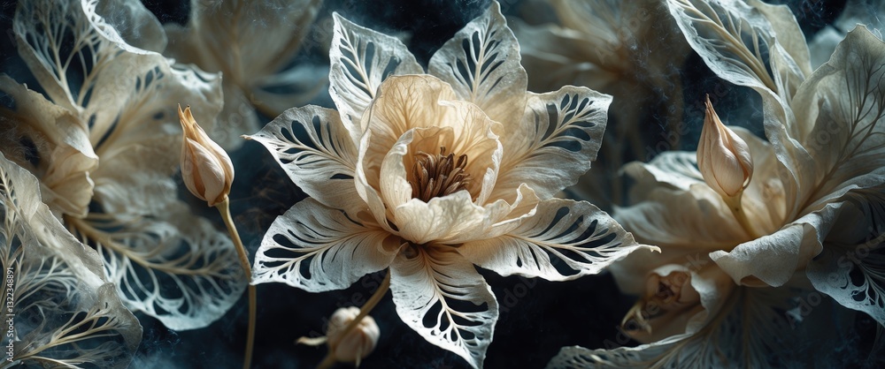 Poster nature pattern of dry petals and transparent leaves with a natural texture, serving as a natural bac