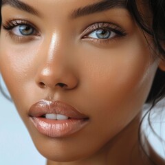 Fototapeta premium Beautiful African American Woman in Her 20s with Soft Beat Makeup and Lip Gloss Close Up