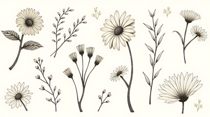 Vintage Sepia Botanical Daisy Flower Branch Drawings Collection Beige Background