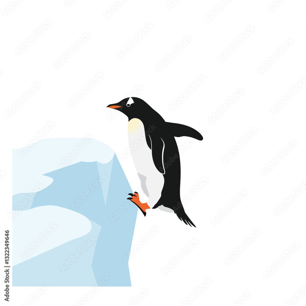 Poster penguin poised to jump from ice ledge in minimal vector art