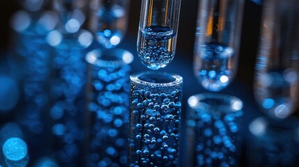 Close-up of test tubes with blue liquid and bubbles.