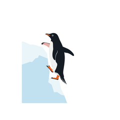 Fototapeta premium Penguin climbing a snowy surface in flat style vector art