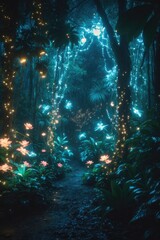Fototapeta premium Illuminated mystical lights in the jungle at night. Uniquely lit woodland.