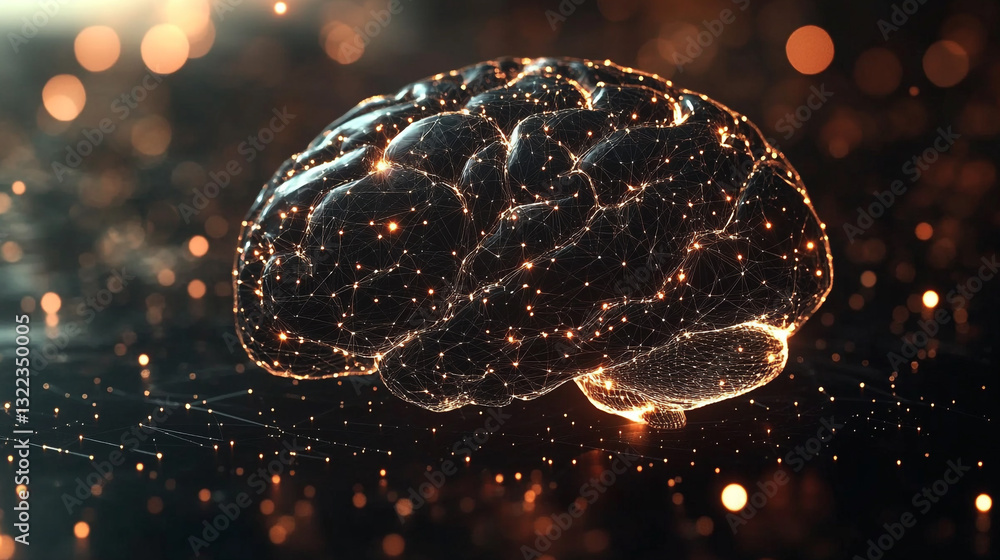 Poster abstract glowing human brain neural network connections mind dark idea data nodes lines lights orang