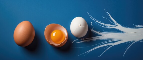 On a blue background, two egg shells are present, accompanied by painted traces of a chicken. Break your shell, step out of the comfort zone, and depart from the familiar surroundings.