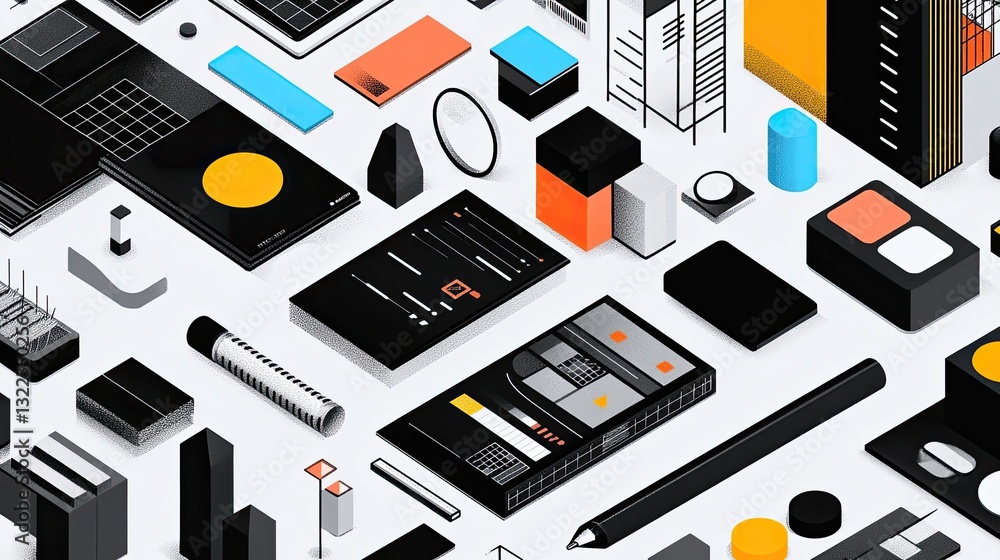 Poster innovative design resources for tech startups featuring modern graphics schematics and user interfac