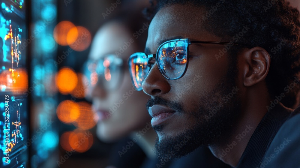 Fototapete Two researchers are deeply focused on quantum computing concepts. They analyze displays of superposition, entanglement, and algorithm optimization methods in a high-tech workspace.