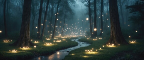 sparkling magical lights in a mysterious forest