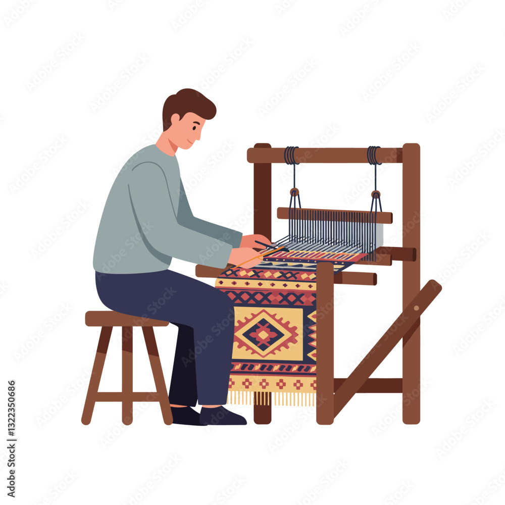 Poster weaver working on traditional loom with detailed patterns in flat vector illustration