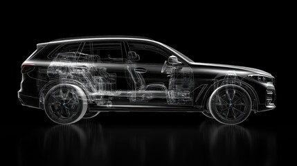 Fototapeta premium A sleek, black 3D SUV, its interior illuminated by an X-ray effect revealing its intricate internal structure, including its meticulously crafted airbag system.