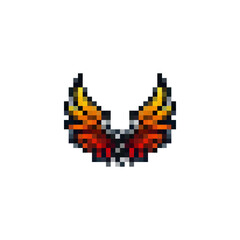 Obraz premium Yellow pixel wings. Wings for game design fire style. Vector demon wing icon. Wings texture for games. Flight logo with wings vector. Wings in retro style.