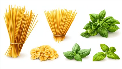 Clipart featuring watercolor paintings of pasta shapes, each design telling its own culinary story, set against a white background