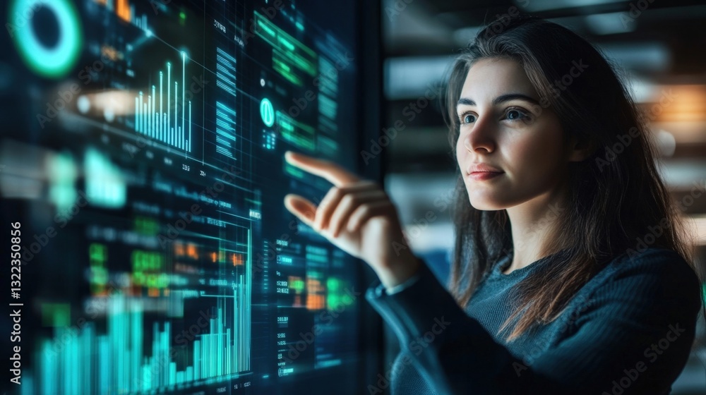 Poster businesswoman pointing at interactive digital screen showing data analysis charts, diagrams and key 