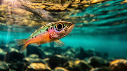 Underwater Beauty: A close-up shot of a vibrant rainbow trout swims elegantly beneath the water's surface, its colorful scales shimmering in the filtered sunlight.
