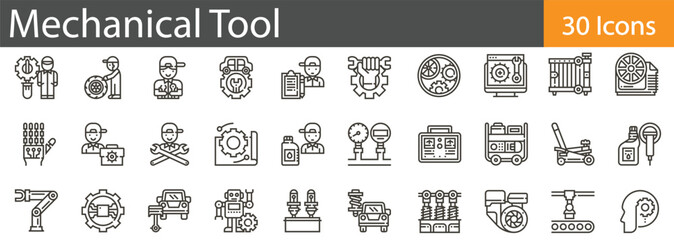 Mechanical Tools Line Icons Set. Collection of 30 outline icons representing hand tools, power tools, and mechanical equipment. Editable stroke vector illustration.