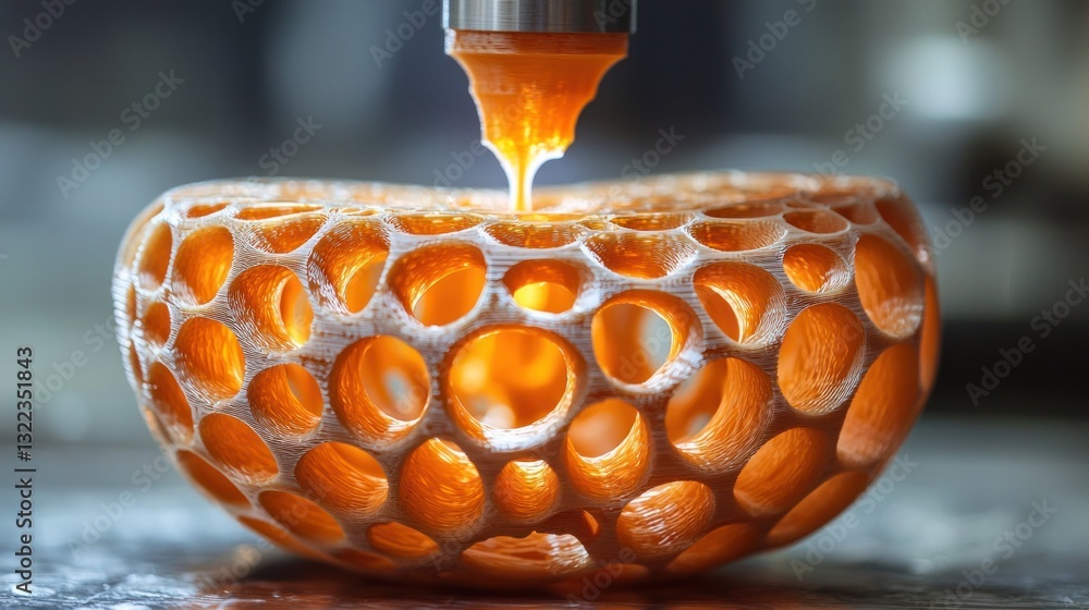 Poster 3d printer creating intricate orange lattice structure.