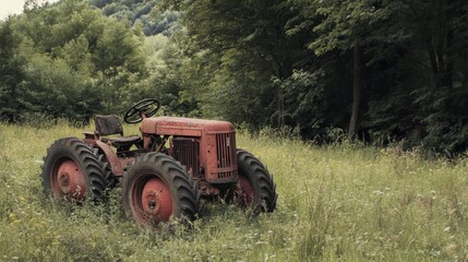 Obraz premium An aged tractor rests in a verdant meadow surrounded by lush trees, presenting a picturesque scene of pastoral beauty and vintage allure.