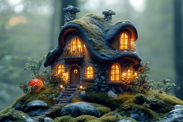 Fototapeta premium Enchanting Illuminated Stone Cottage in Mossy Forest, Fantasy Home Scene