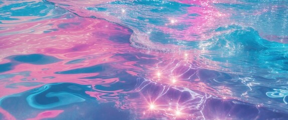 Minimalist wallpaper featuring a blue and pink vaporwave swimming pool with relaxing water. Concept of vacation dreams.