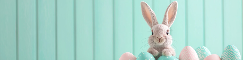 Fototapeta premium Cute bunny surrounded by pastel colored eggs