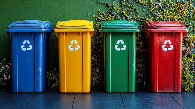 Four trash cans are lined up in a row, each with a different color and a white recycling symbol. Concept of organization and environmental consciousness