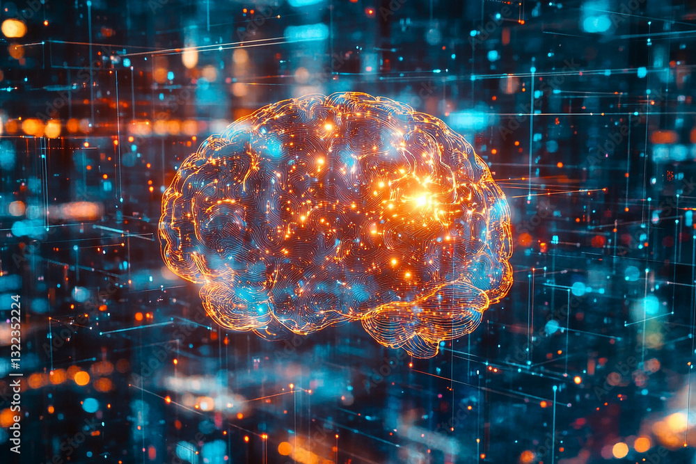 Poster abstract digital brain network orange blue technology concept data dots lines light neural future