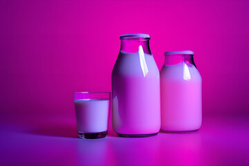 Milk in Bottles and Glass: A trio of milk containers — two classic bottles and a single glass, each filled with fresh, creamy milk. The scene is bathed in a vibrant, electric light.