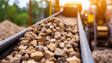 Stone Conveyor Belt: A conveyor belt carries a stream of rough, fragmented stones in an industrial setting, showcasing the raw materials and processes behind construction and infrastructure.