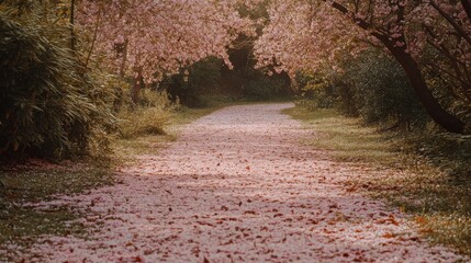A sun-dappled path meanders through blooming cherry trees, inviting serenity and a gentle embrace of nature.