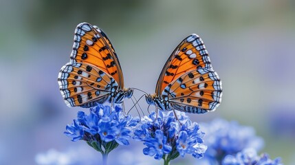 Obraz premium Two orange butterflies on blue flowers.