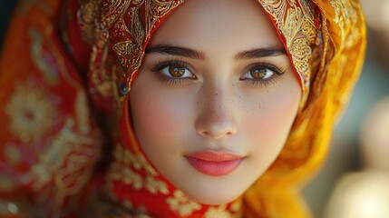 Close-up portrait of a young woman wearing a patterned headscarf.