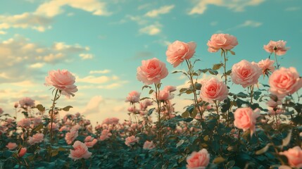 Obraz premium Pink roses blooming in a field at sunset.