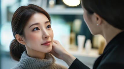 In a serene moment, a woman with soft features is tenderly touched by another, evoking warmth, care, and a shared connection.