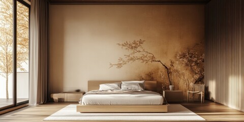 Fototapeta premium A minimalist bedroom decorated with nature inspired wall art design