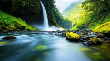 Serene waterfall cascading into a tranquil river surrounded by lush greenery and rocks