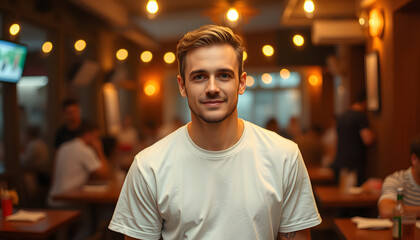 Fototapeta premium Man wearing minimal white t-shirt, dinamic scene. White tone