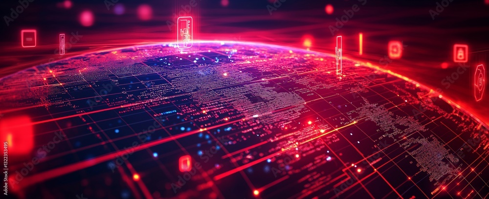 Poster digital globe with glowing data connections and security icons in a futuristic design.
