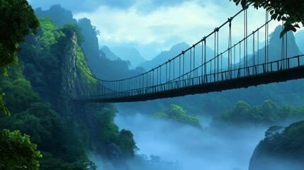 Fototapeta premium Serene suspension bridge connecting lush green mountains above misty valley landscape