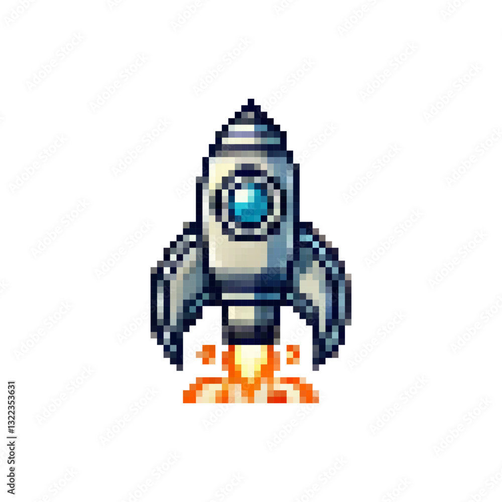 Poster pixel space rocket icon. space travel logo. stylish retro rocket launch icon. spaceship vector. rock