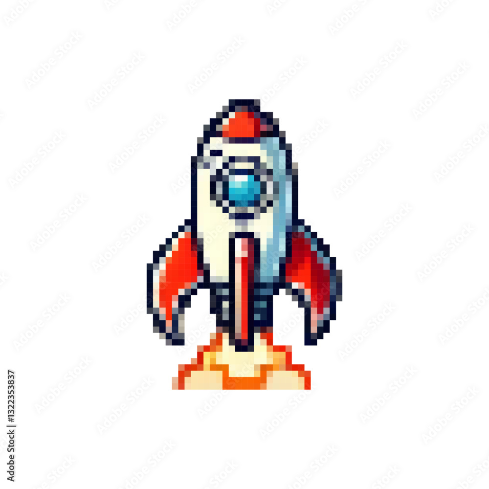 Poster pixel space rocket icon. space travel logo. stylish retro rocket launch icon. spaceship vector. rock