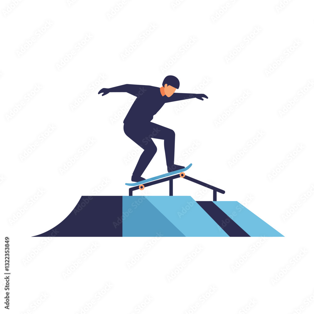 Poster skateboarder performing tricks on a ramp in minimal flat vector art