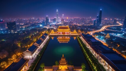 Aerial night view. Temple, Central Pond, and the economic center.