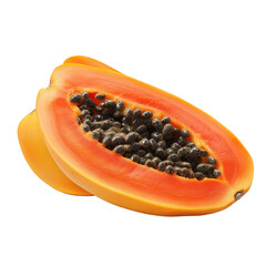 Half ripe papaya fruit with seeds displaying vibrant orange flesh and dark seeds on white background, Half of ripe papaya fruit with seeds isolated on white background