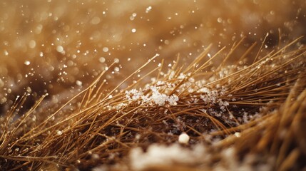 Snowflakes delicately rest on a bed of dry grass, glistening softly, encapsulating the beauty of early winter.